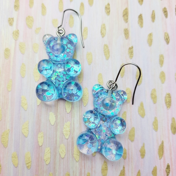 New Blue Confetti Teddy Bear Sparkle Candy Gum Drop Gummy Bear Earrings - Picture 2 of 6